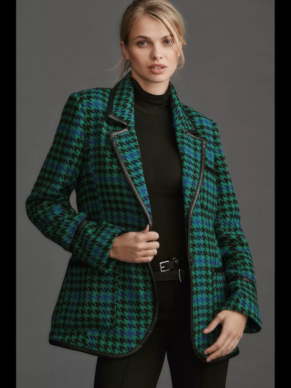 Anthropologie Avec Les Filles Houndstooth Leather Trim Blazer
